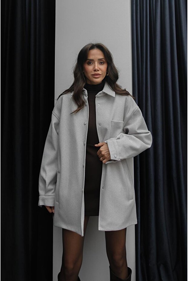 Light Gray Snap Button Cashmere Jacket - 1