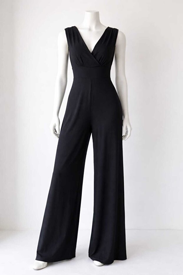 Rahat Esnek Siyah V Yaka Kadın Tulum - 2