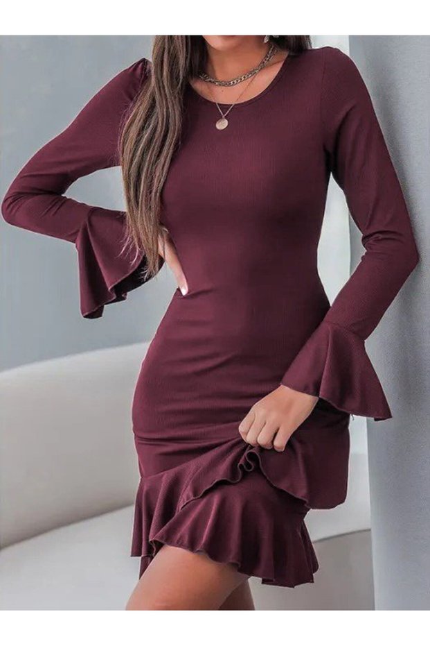 Women's Long Sleeve Round Neck Ruffled Sleeve Hem Flounce Janjan Crepe Mini Dress