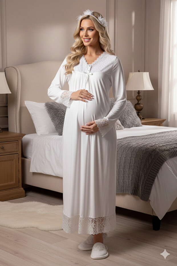 New Season Ecru Lace Buttoned Special Design 100% Cotton Maternity Nightgown