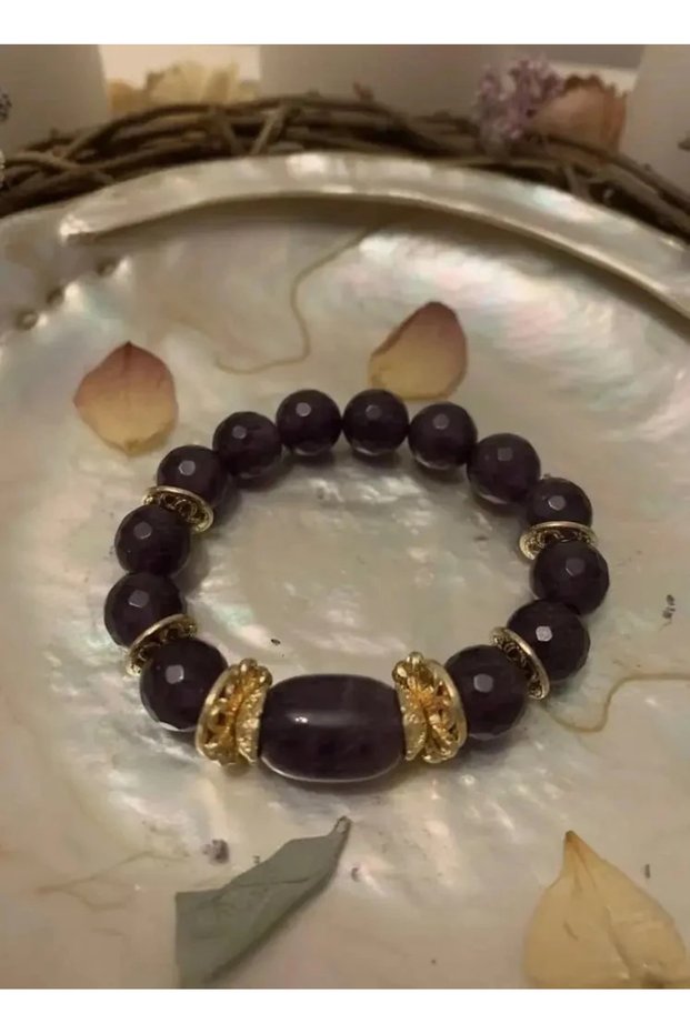 Amethyst Purple Color Natural Stone Gold Detailed Handmade Women's Bracelet