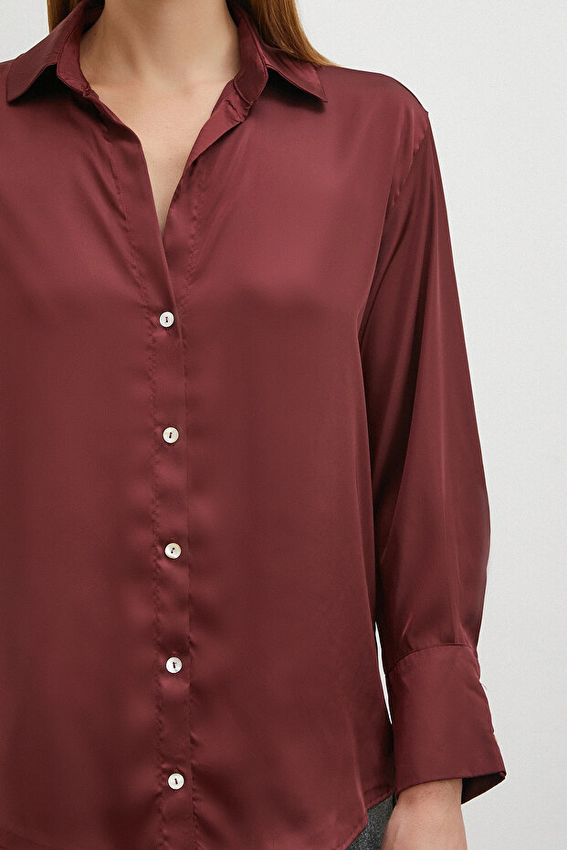 Basic Saten Gömlek Bordo - 5