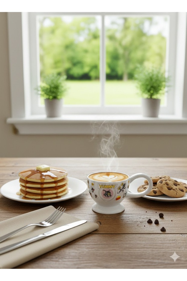 مج سيراميك أبيض بطبعة "توم" وكلمة Yummy مع مقبض دائري.