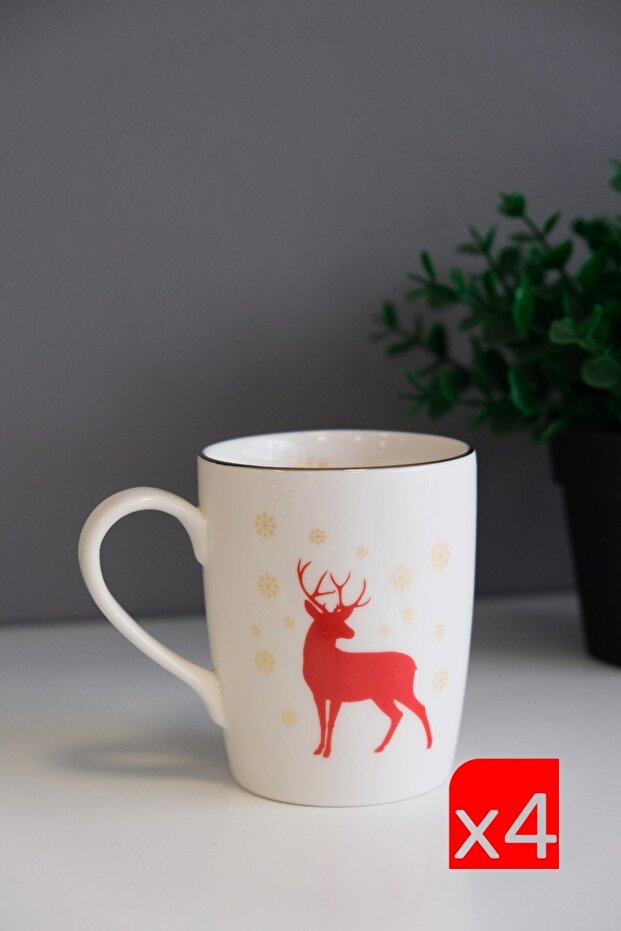 Tabak Evi Porcelain Gold Gilded Deer Mug with Handle 9cm 220ml Set of 4