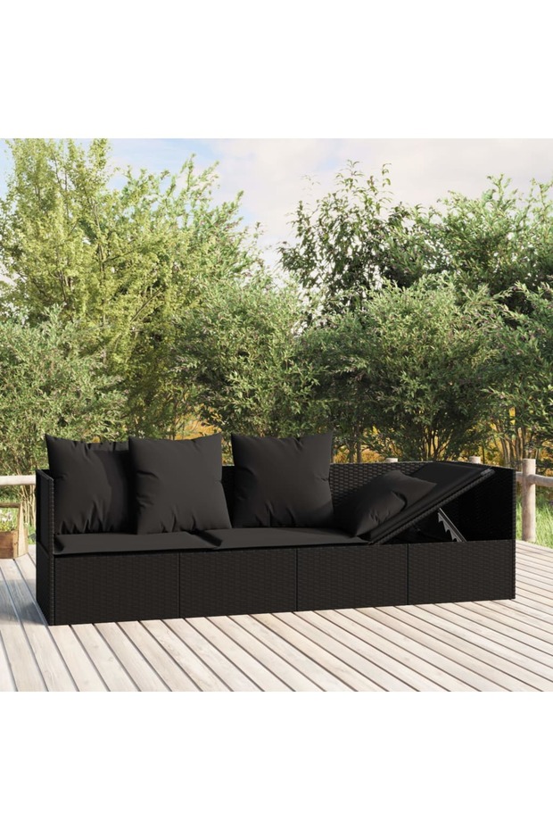 Outdoor Lounge Bed with Cushions Black Poly Rattan