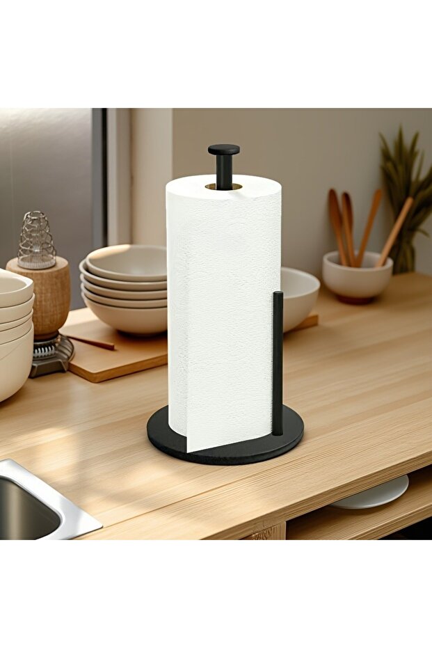 black Stainless Steel Kitchen Roll Holder with Weighted Base - Heavy-Duty Countertop Organizer, Spac