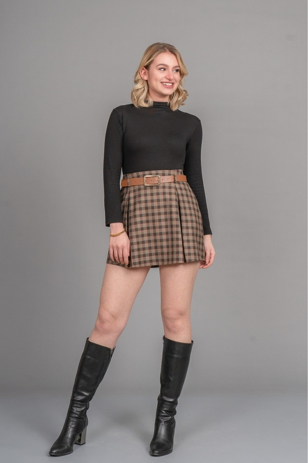Women's Winter Plaid Checkered Icon Mini Skirt High Waist Belt Detailed Stylish Daily Casual Plaid 6839