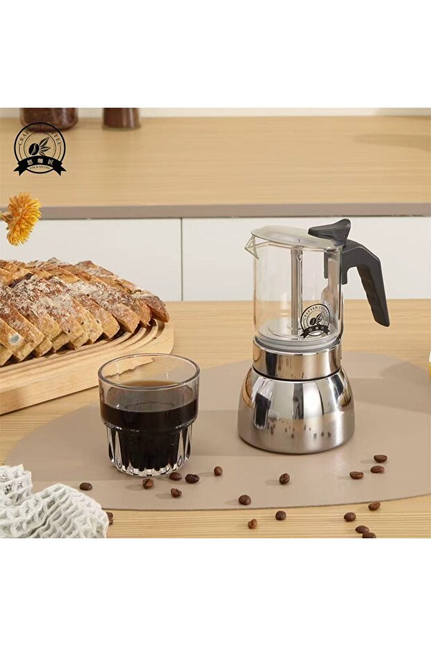 6cups 4/6 See-Through Moka Pot: High-Borosilicate Glass Body, Durable 430 Base. Home/Office/Camping