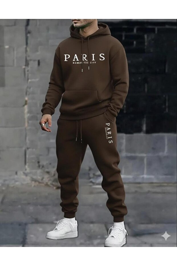 Men's Brown Paris Detailed Oversized Hooded Sweat Tracksuit Bottom Set