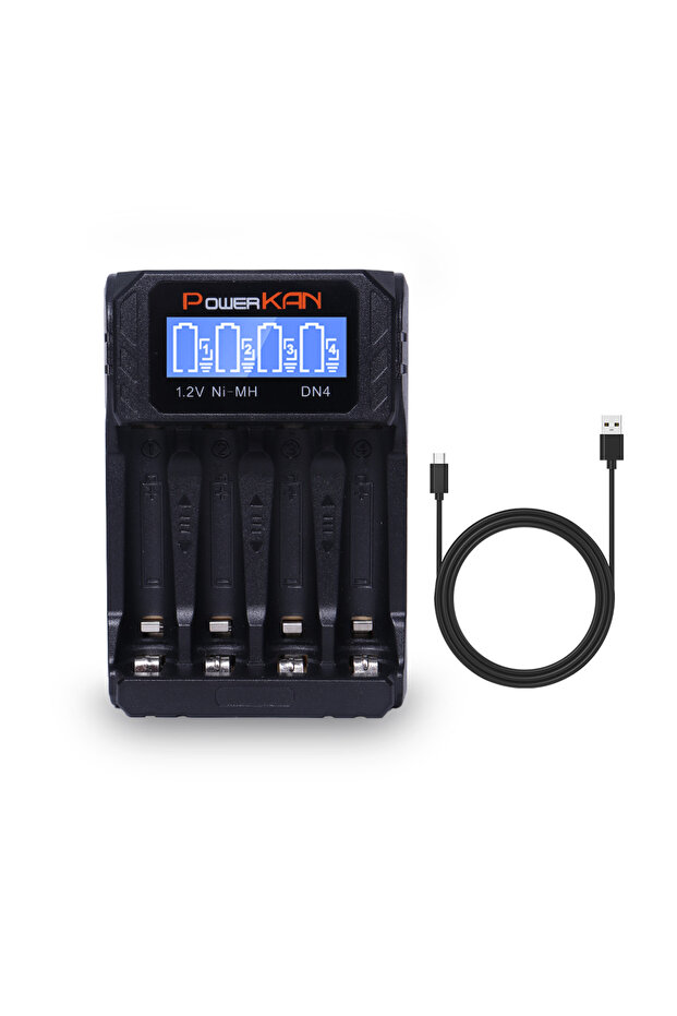 black POWERKAN DN4 Battery Charger with LCD Display for 1.2V Ni-MH AA AAA Rechargeable Batteries 4 B