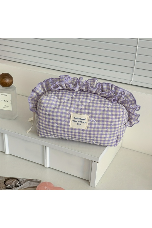 PURPLE Red White Checkered Makeup Bag with Lace Trim, Large Capacity Portable Cosmetic Pouch for Wom
