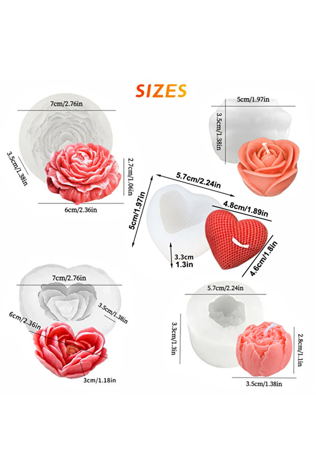 5pcs Flower Mold 5PCS Floral Silicone Mold Set 3D Peony Rose Heart Flower Mold for Scented Candles C