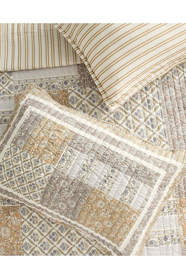 Beige 3 Piece Patchwork Printed Quilt (Double Size) - 7