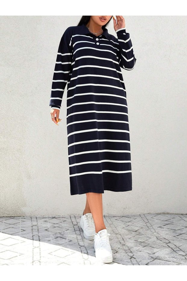 Women's Striped Polo Neck Knit Dress