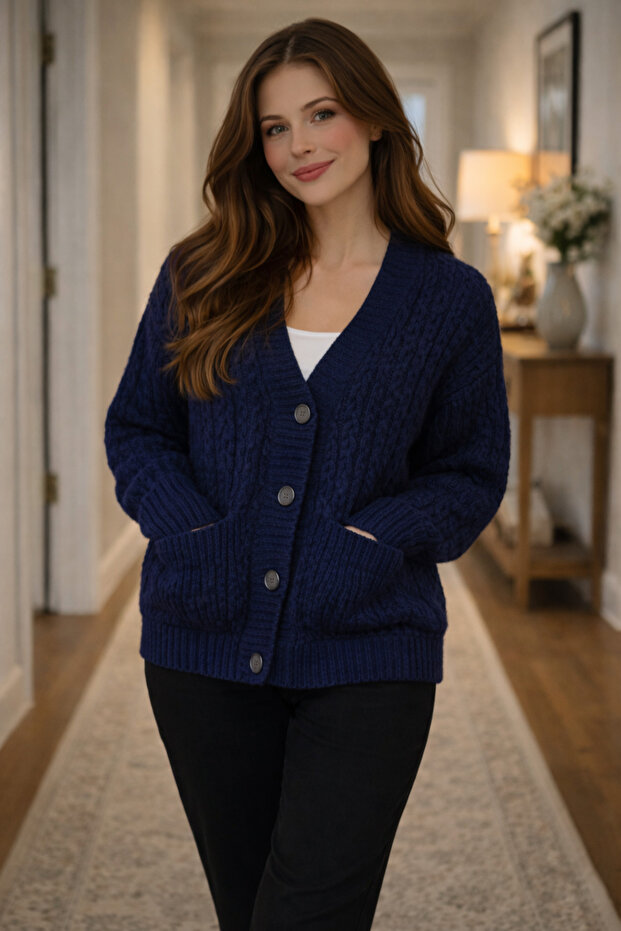 Women's Buttoned 2-Pocket Hair Knit Cardigan