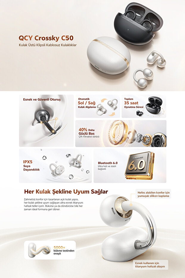 C50 Crossky Küpe Kulaklık 6.0 Çift Cihaz Çift Mıknatıs 35 Saat Dinleme 4 Mic. Gürültü Engelleme - 2