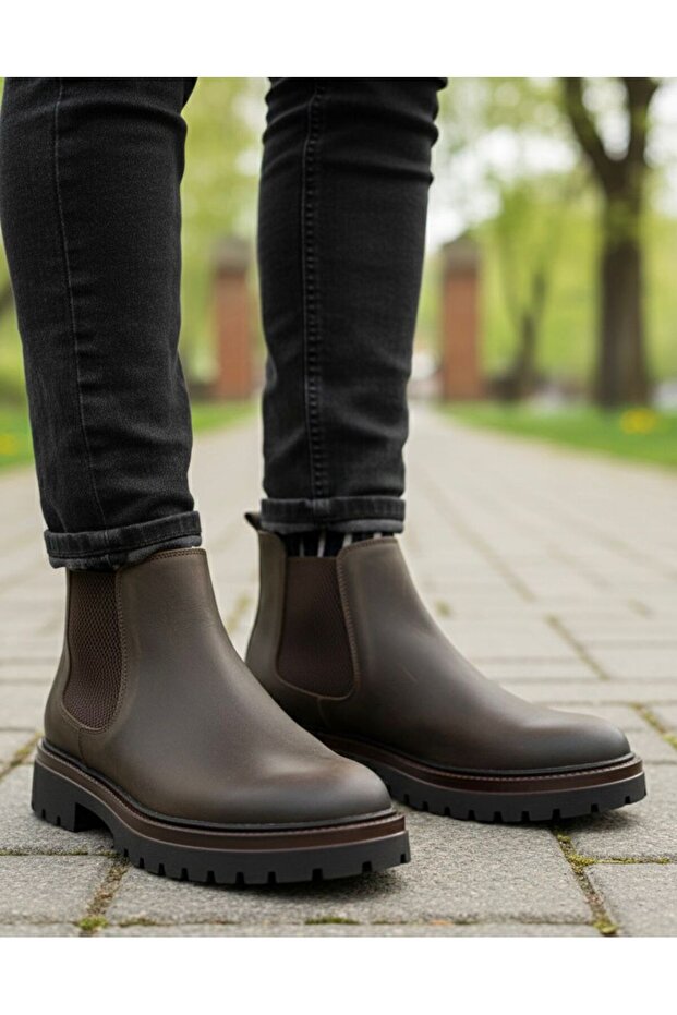Men's Brown Nubuck Leather Chelsa Boots Thick Sole Casual Boots