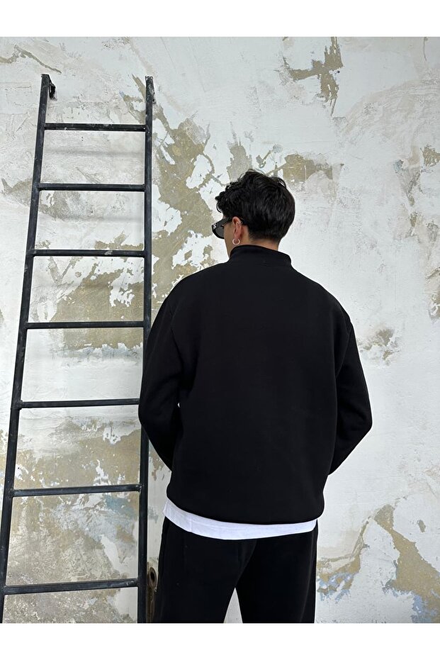 Siyah Oversize Basic Half-Zip - 5