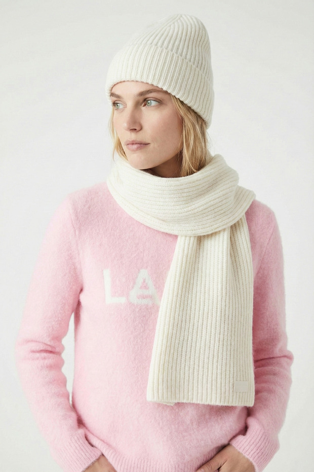 Women's White Corded Fabric Knitted Scarf Beanie Set - Winter Knitwear Set