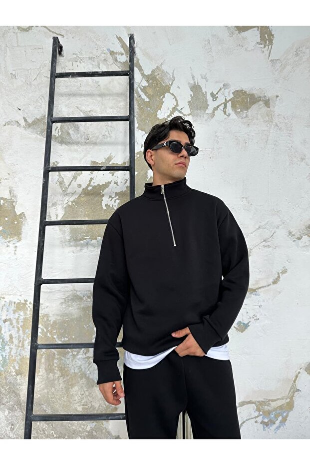 Siyah Oversize Basic Half-Zip - 3