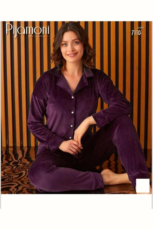 7110 Velvet Buttoned Shirt with Banded Sleeves Pajama Set