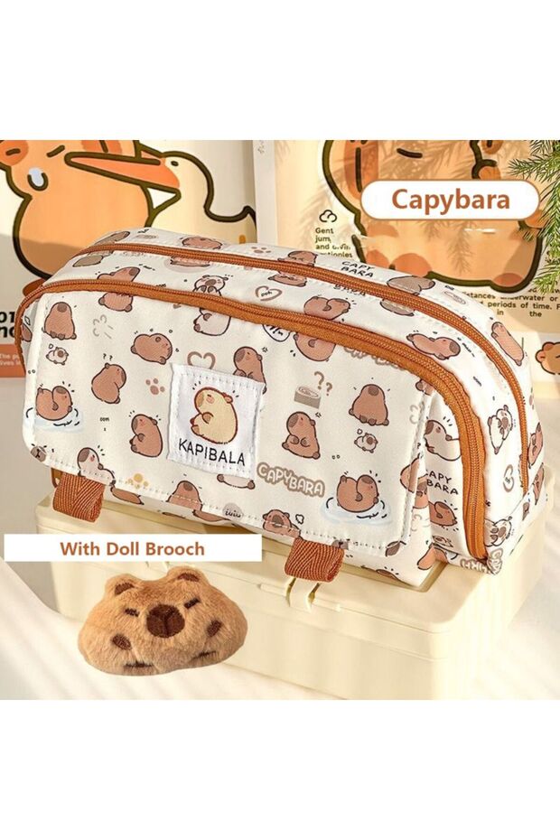 With Doll Brooch INS Capybara Four-layer Large Capacity Pen Bag Cute Cartoon Pencil Case Stationery
