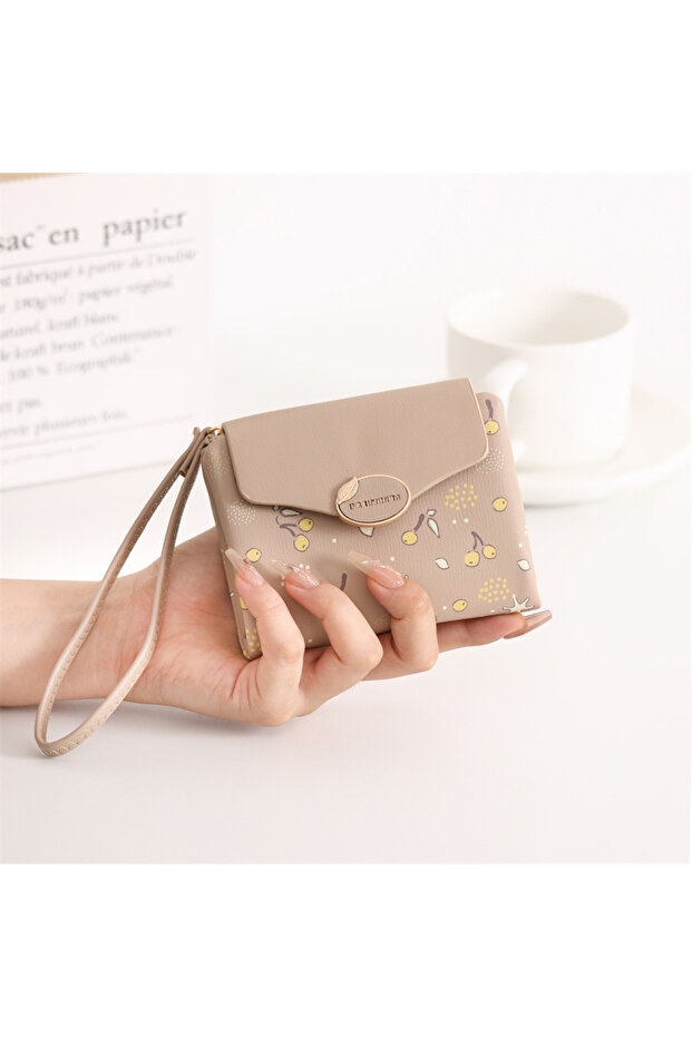 Cute Cherry Printed Small Size Folding Soft Leather Card Holder and Coin Wallet with Stylish Buckle