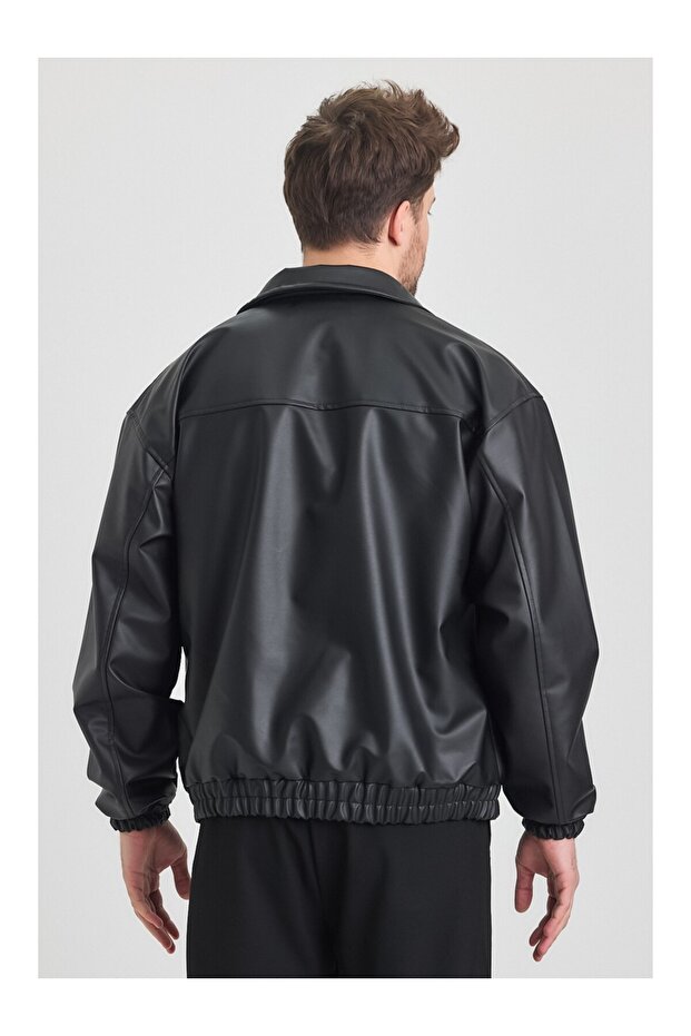 Oversize Erkek Siyah Deri Ceket - 5
