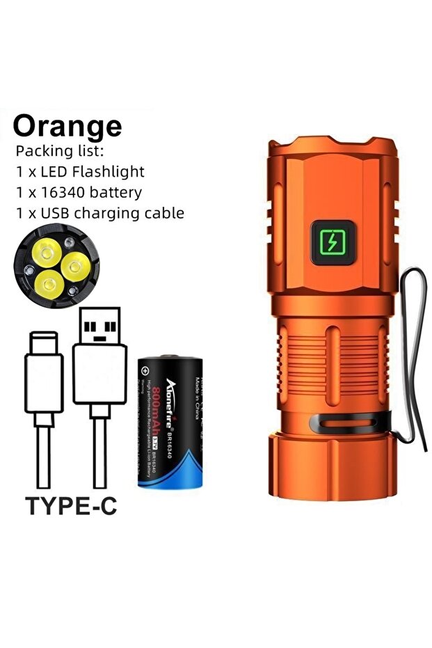 16340 Orange 6500K 3x Led Mini Palm Small Flashlight USB Rechargeable Portable Magnet Torch Outdoor