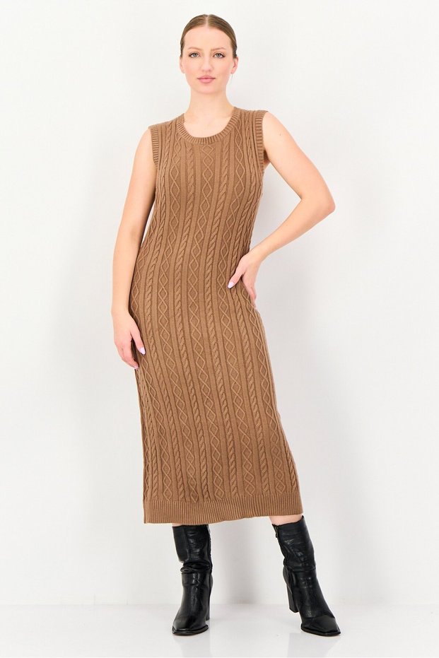 Women Pointelle Sweater Dress, Brown