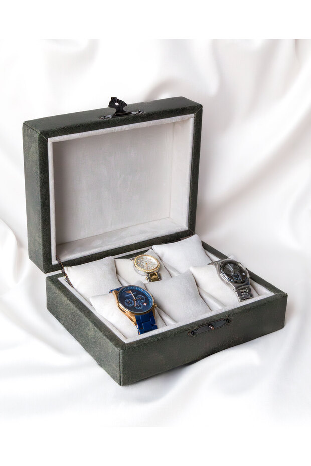 Handmade 6-Piece Premium Watch Box, Green Nubuck Fabric Covered, Special Design, Accessory Organizer