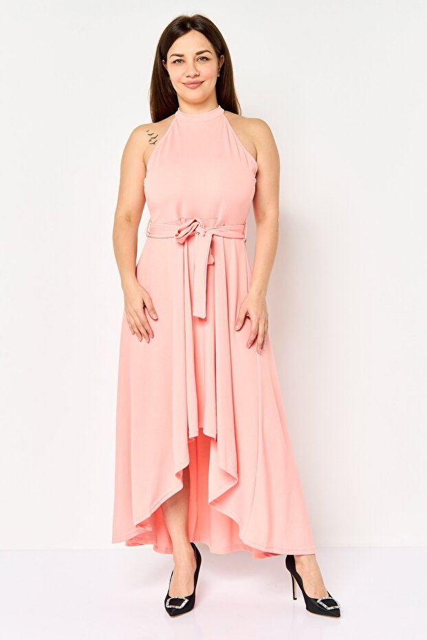 Women Solid Sleeveless Belted Midi Dress, Peach