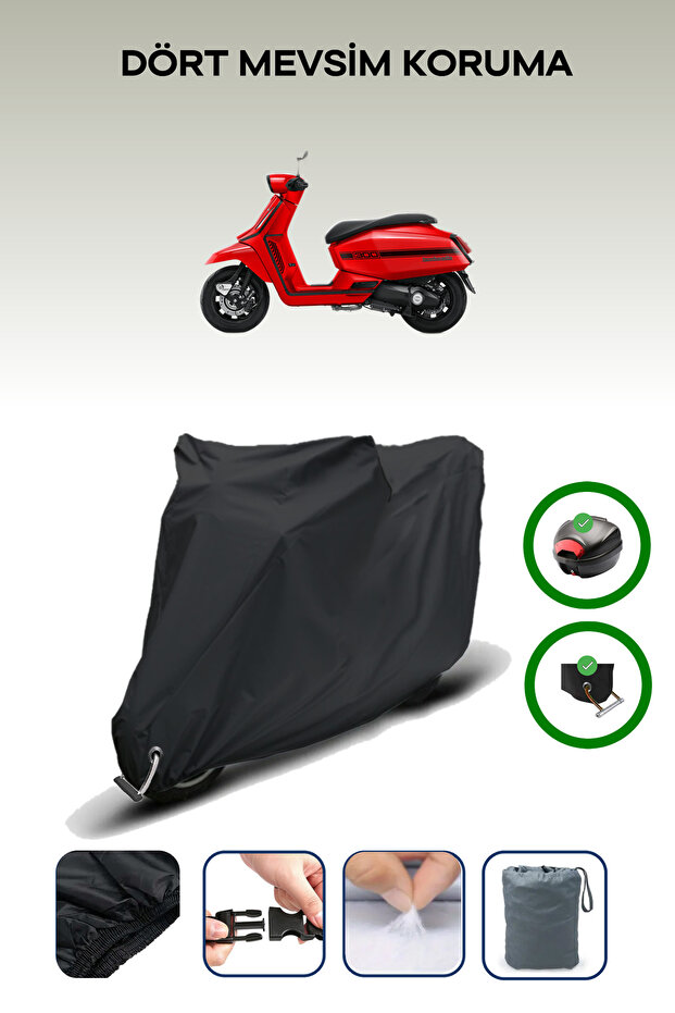 Black Rear Bag and Lock Compatible Lambretta X300 Compatible Motorcycle Tarpaulin