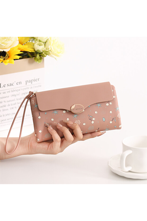 New Season Large Capacity and Elegant, Cherry Printed Wrist Strap Wallet