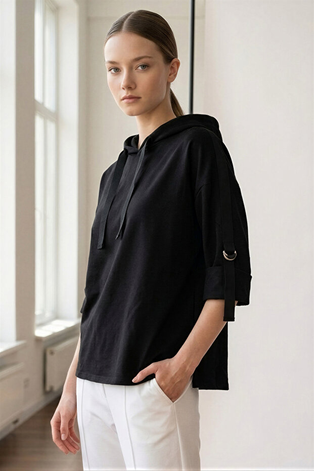 Grosgrain Detailed Hooded Three Quarter Sleeve Knitted Sweatshirt