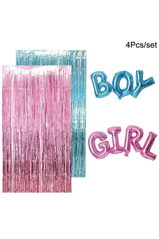 E 4 PCS Gender Reveal Decoration Fringe Curtain Blue Pink Boy Girl Foil Balloon Gender Reveal Party.