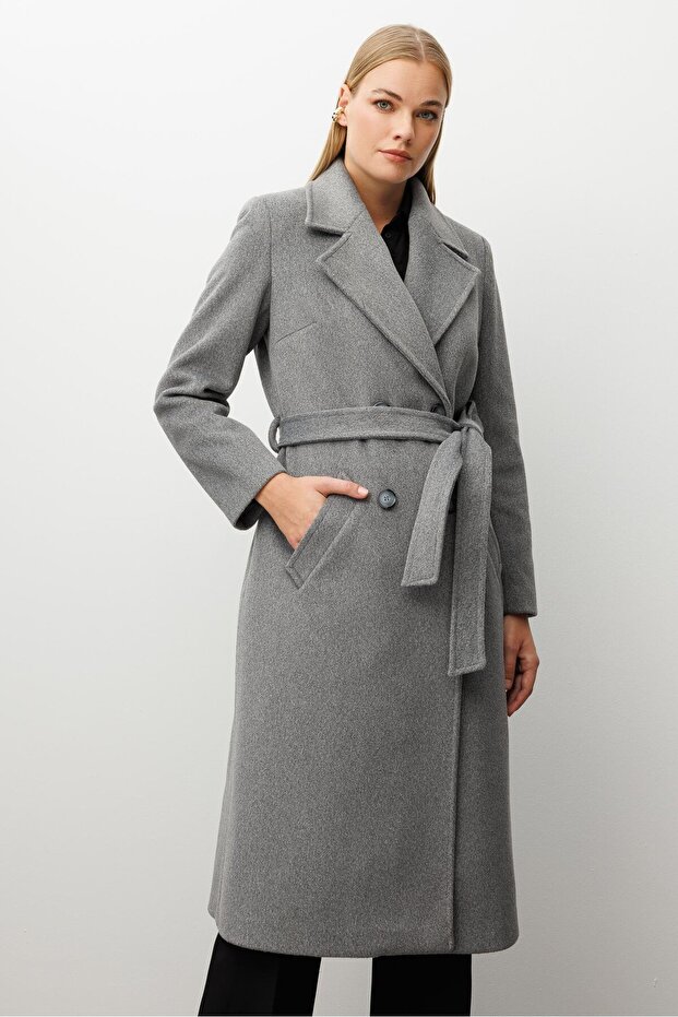 معطف مودالجي ذو بأزرار على الجهتين أزرار باللون الرمادي - 6