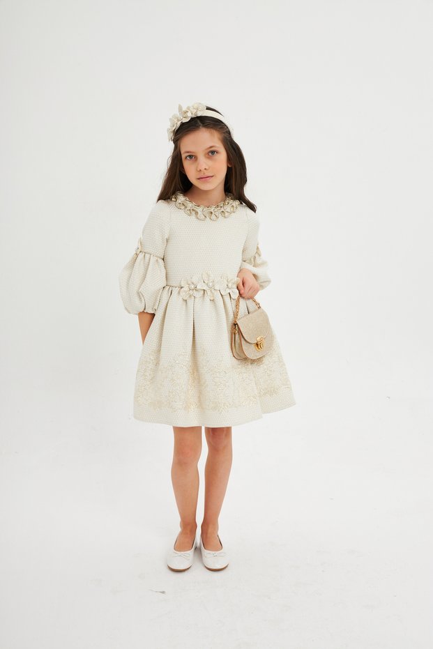 Special Design Jacquard Balloon Sleeve Girls Evening Dress Ball Gown Set with Crown and Bag Ecru10 7064