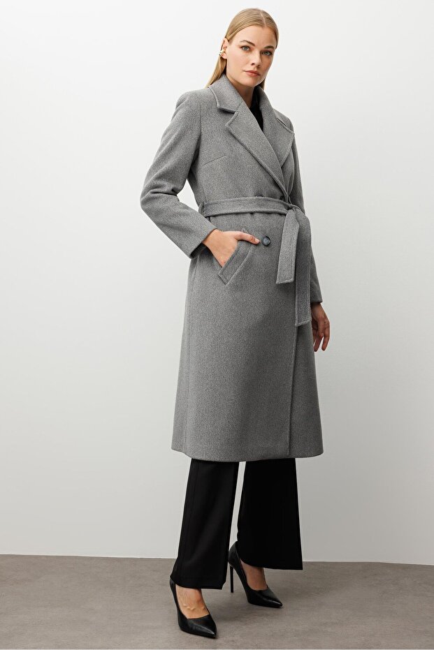 معطف مودالجي ذو بأزرار على الجهتين أزرار باللون الرمادي - 5