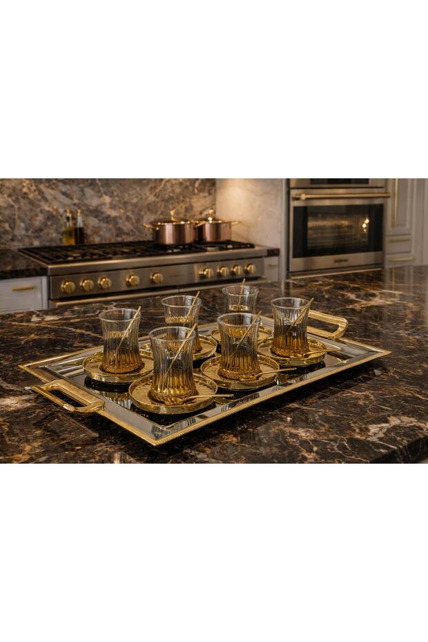 Luxury Gold Tray Tea Set - Modern Tea Set - Tray and 6 Cups - Saucer - Spoon - 170ml