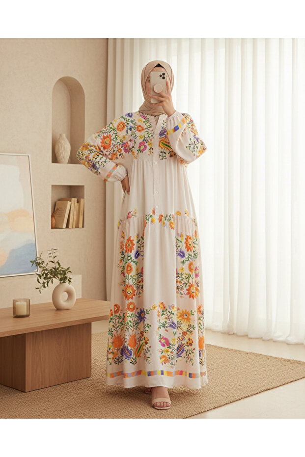 2423 Authentic Patterned Hijab Dress - B. Orange