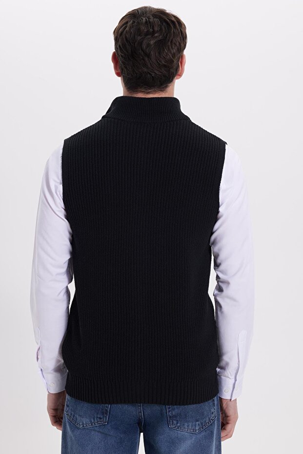Men's Standard Fit Regular Cut Zippered Mock Neck Warm Black Knitwear Vest - 7