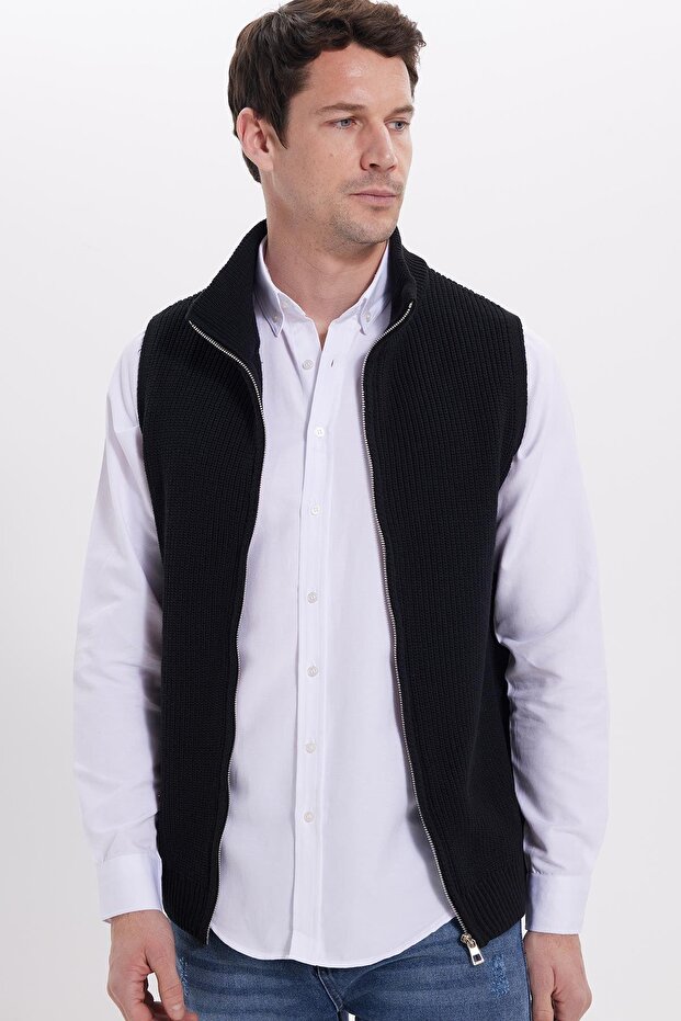 Men's Standard Fit Regular Cut Zippered Mock Neck Warm Black Knitwear Vest - 5