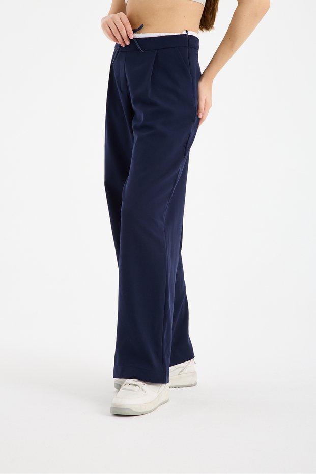 Women's Wide Leg Fabric Pants with Loose Legs, Lace-Up Waist, White with Decorative Details, Zipper Closure