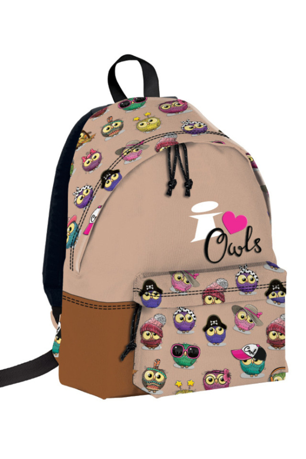 Backpack with Owls, Beige and Brown