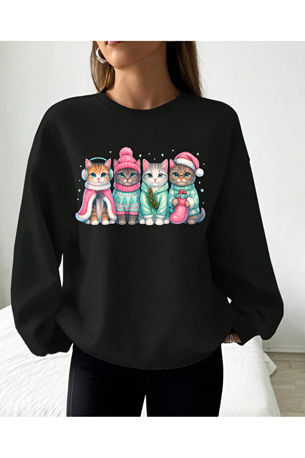 Cute Cat Christmas Printed Cotton Sweatshirt with Circular Neck