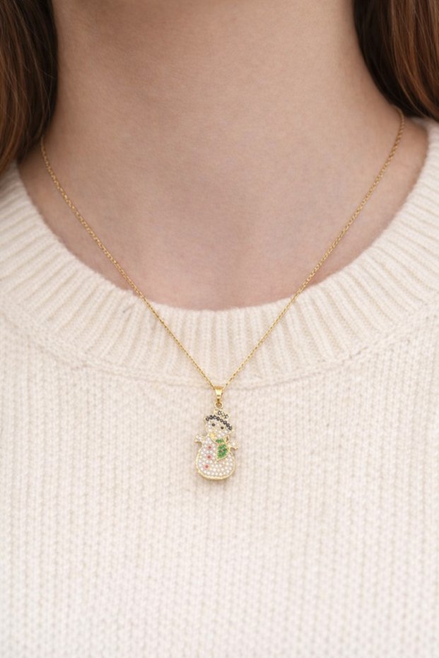 Women's Steel Snowman Necklace – Gold Plated Steel Necklace with Stones – , Everyday & Gift Jewelry