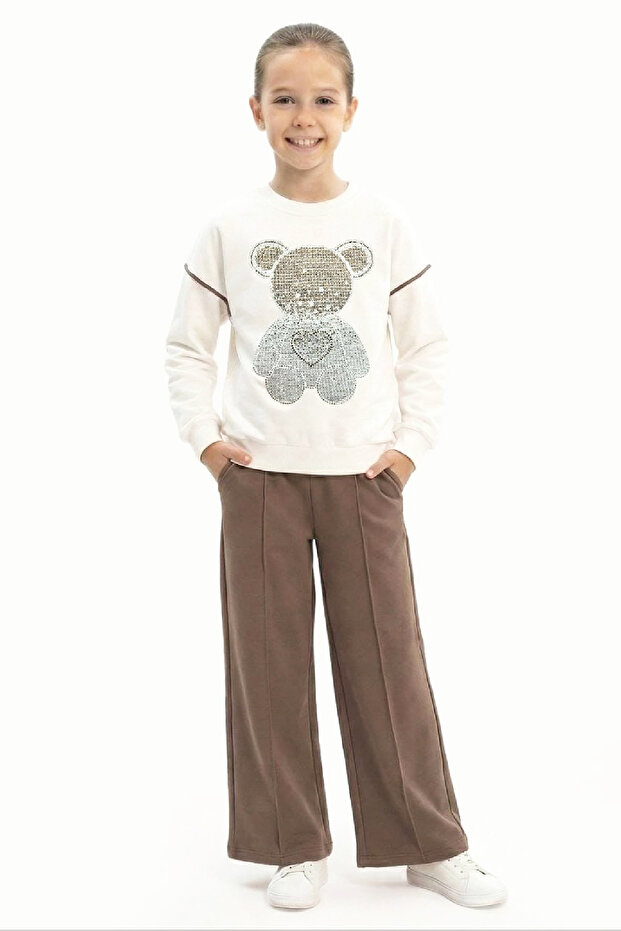 Girl's Stone Embroidered Teddy Bear and Heart B Printed 2 Thread Bottom-Top Set 3-12 Years Old 12477