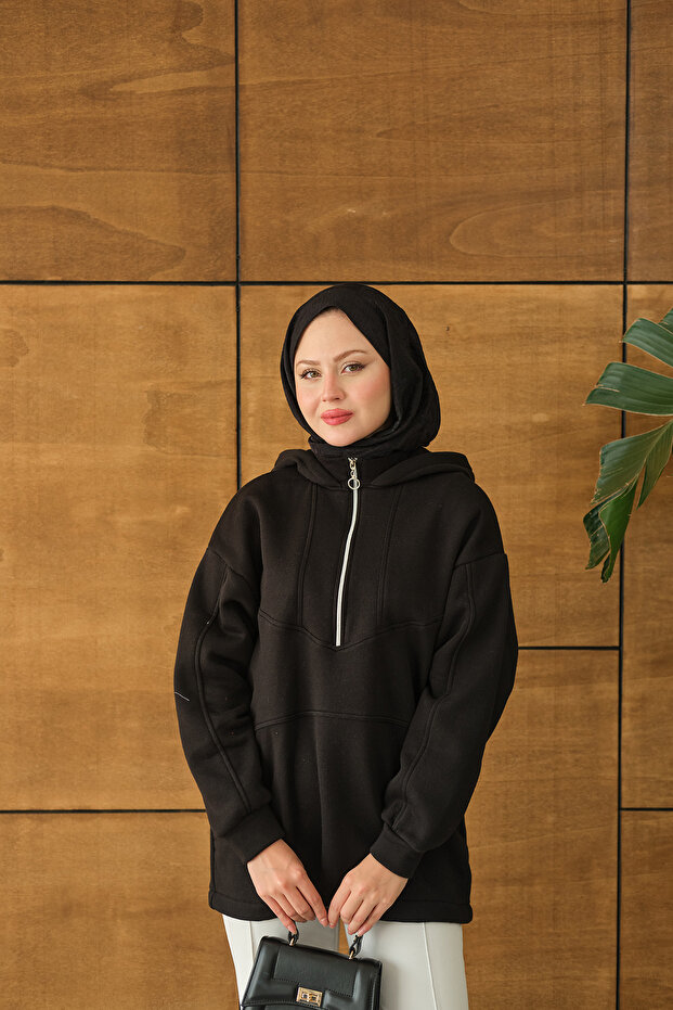 Women's Half Zipper Hooded Sweat Black