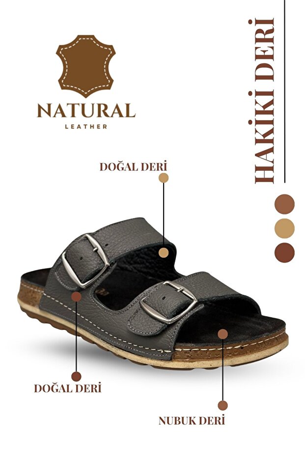 Sermoda Double Buckle Adjustable Genuine Leather Men's Slippers Natural Leather Slippers t Smoked